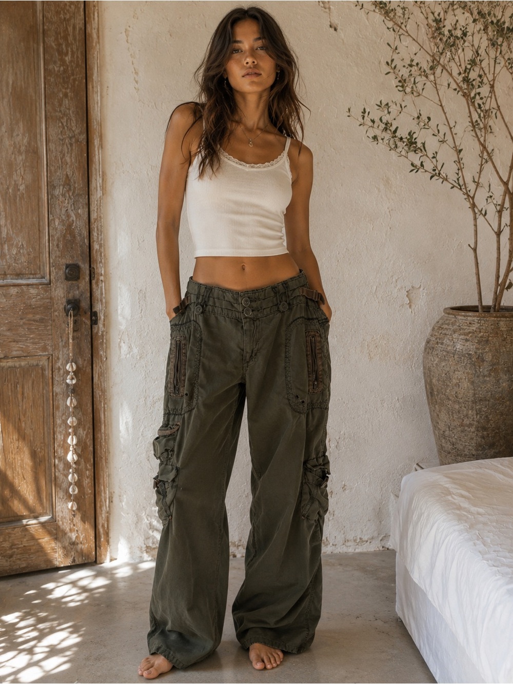 Da-Nang Olive Green Cargo Parachute Pants Utility Military Y2K Size M